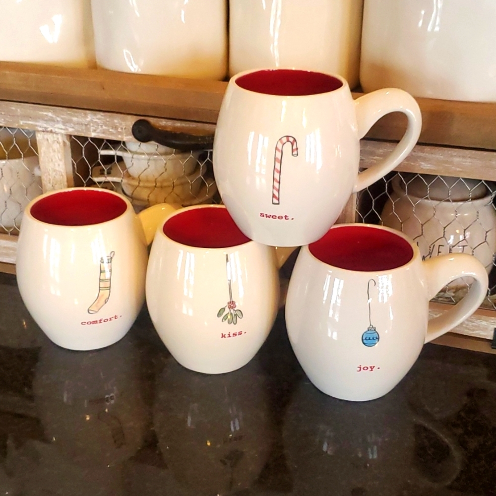 Rae Dunn mug set holiday Christmas sweet comfort joy kiss, set of 4
